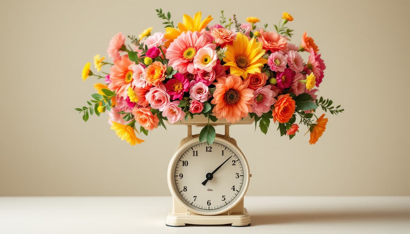 AI generated: A studio photograph of a vintage-inspired beige scale with vibrant flower bouquets placed on top of ...