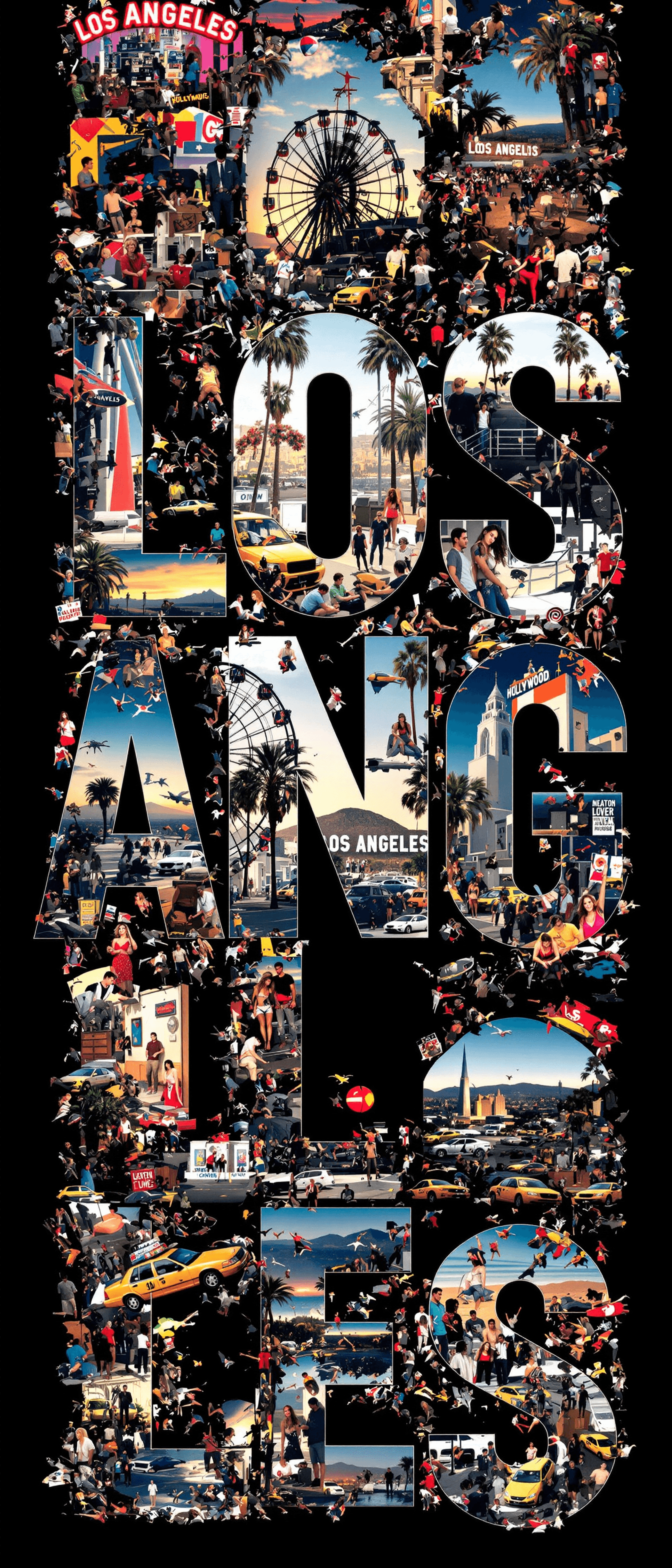 AI generated: A striking, high-contrast cinematic photo-style vertical collage that captures the essence of Los An...