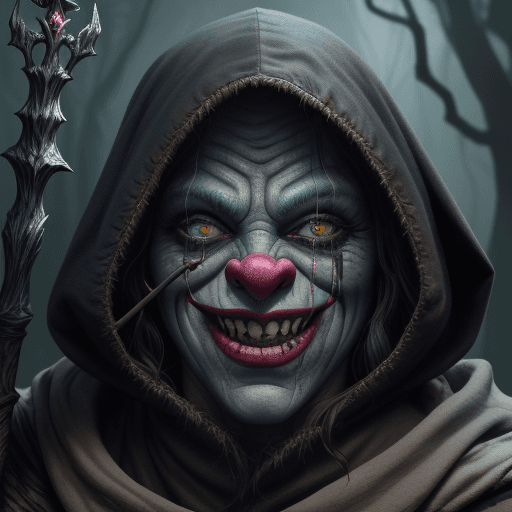 AI generated: A Close up Head and shoulder <lora:Face Portrait:1.0> of a Cloaked & Hooded old orc Swamp Clown Hold...