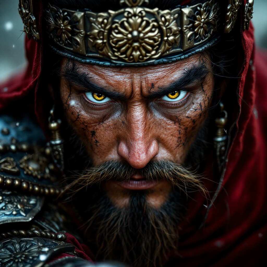 AI generated: very wide shot hyper-realistic (fabled character tale1:3) a warrior, with detailed eyes,  withe clot...