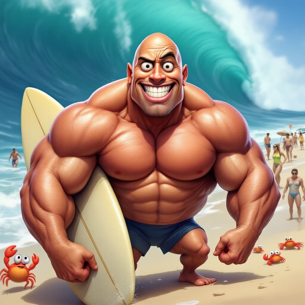 AI generated:  a humorous, exaggerated caricature of Dwayne Johnson. His face has oversized, intense eyes with one...