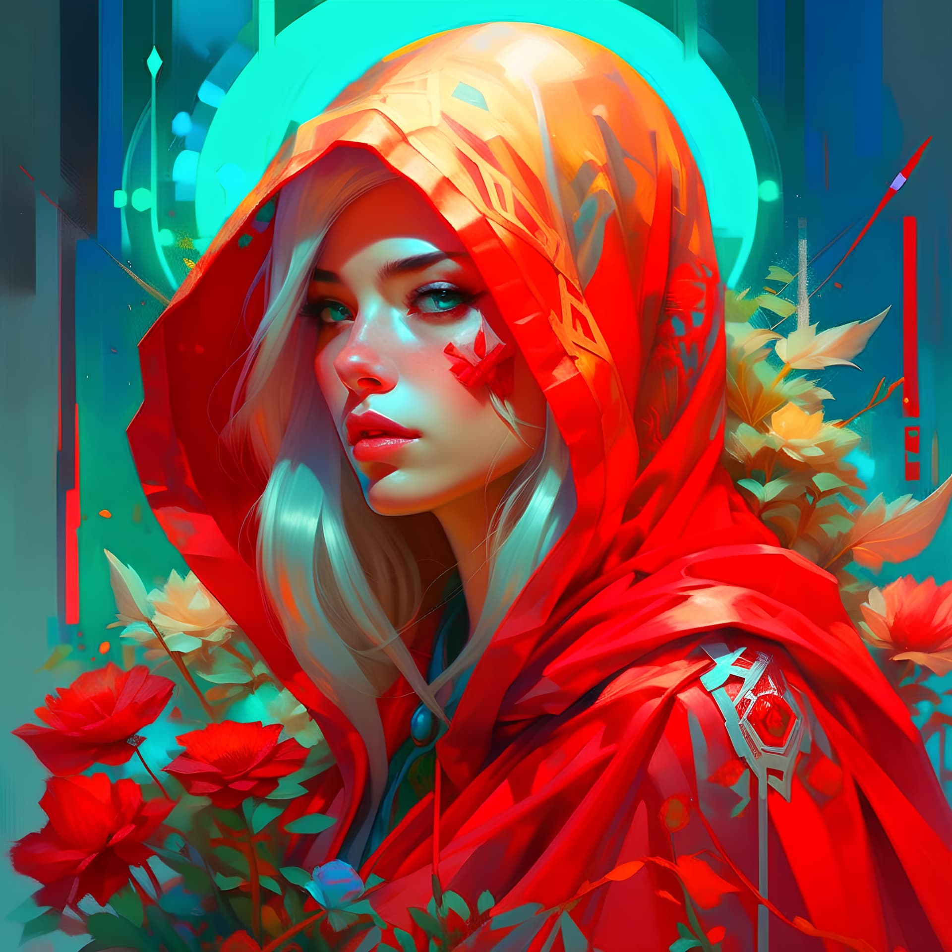 AI generated: a woman with white hair wearing a red hood, a digital painting, by Ross Tran, fantasy art, jc leyend...
