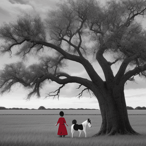 AI generated: Photo of a woman, with a little girl , a dorg  green and a cat red, an appe braun  and a bird black ...