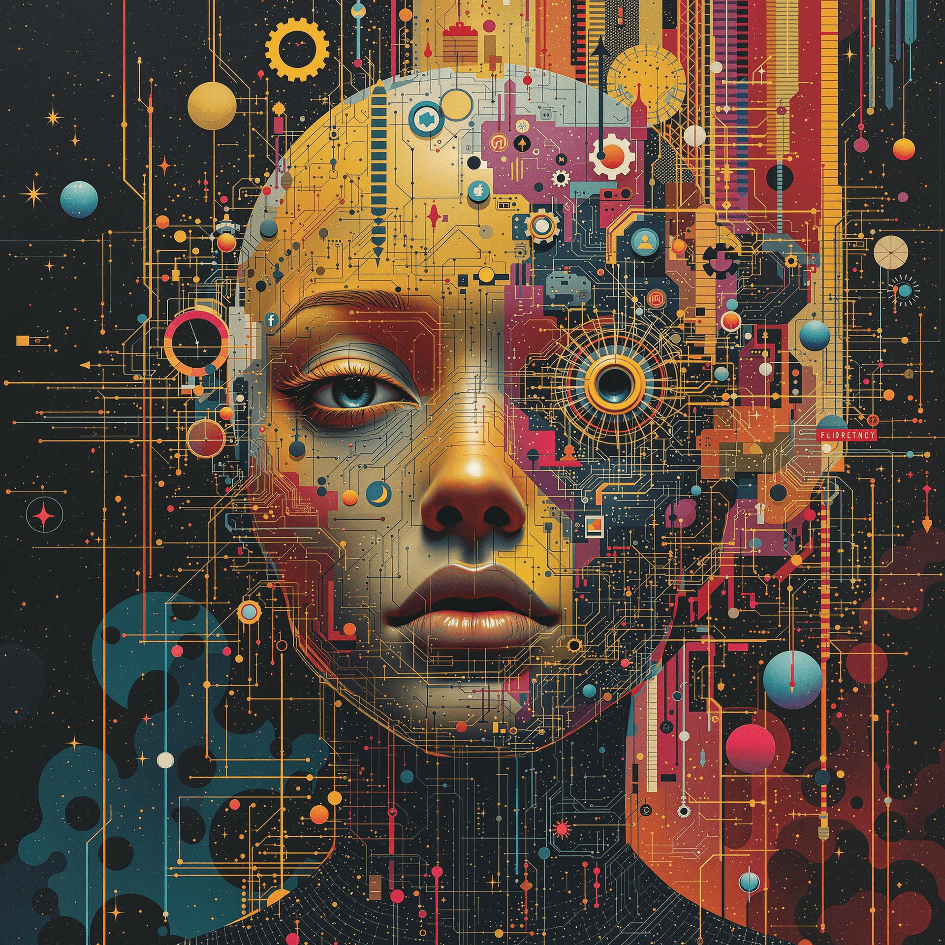 AI generated: a humanoid design with intricate face detailing: featuring only the headshot living in a digital era...