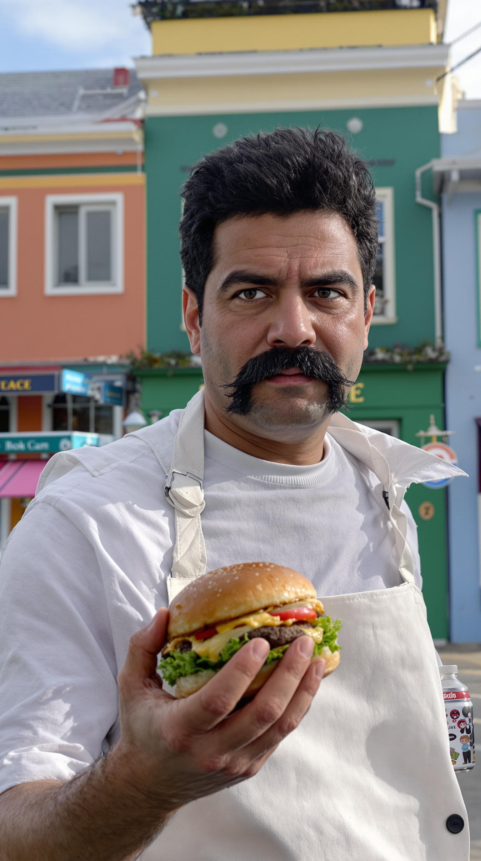 AI generated: A hyper-realistic portrait of a dedicated restaurateur inspired by Bob Belcher; thick black hair wit...