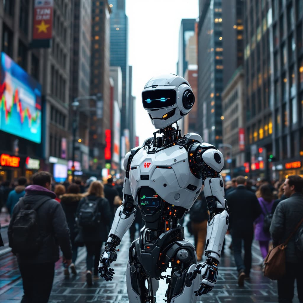 AI generated: a robot trading on wall street with lots of people walking