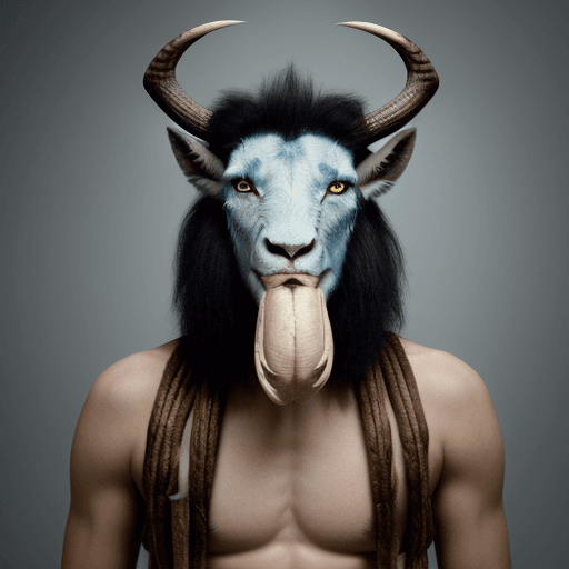 AI generated: He is NOT a human, he is dragon like. His head is horse-like. He has a deer antler on the right, a b...