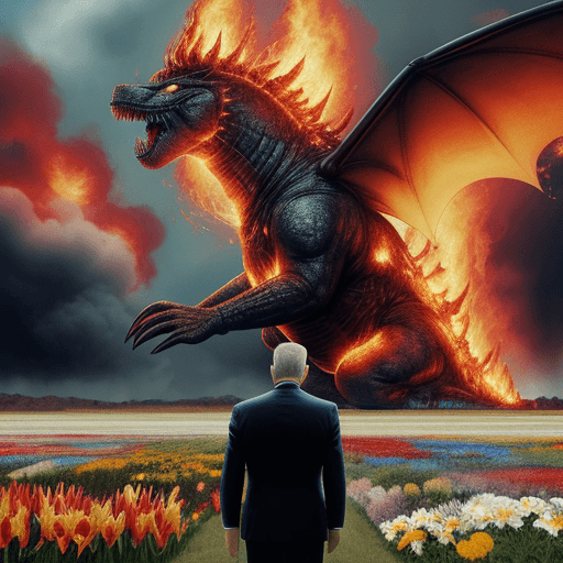 AI generated: A vintage photo shows a giant president bidenzilla breathing flames all over America citizens flee. ...
