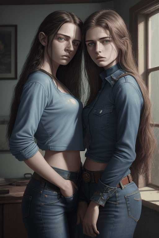 AI generated: RAW photo of Muirgheal MacCarrick, 2 girls with shirt, blue jeans, long  hair, uniformly beautiful e...