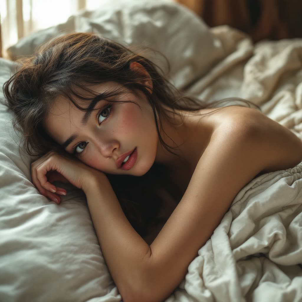AI generated: Myanmar girl A young, fair-skinned beauty, lying on the bed in a short skirt and with a freckles.