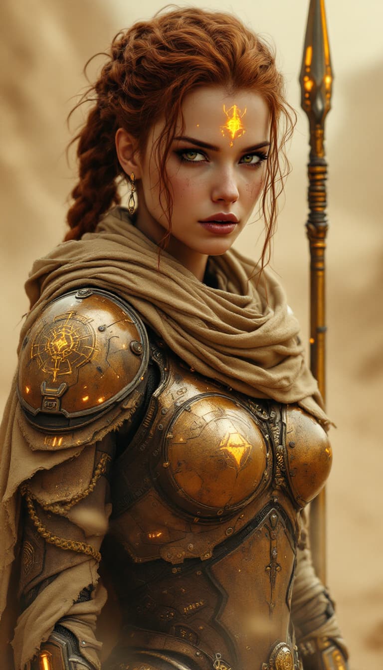 AI generated: A cinematic digital artwork featuring a resilient, female armored figure in a battle-ready and deter...