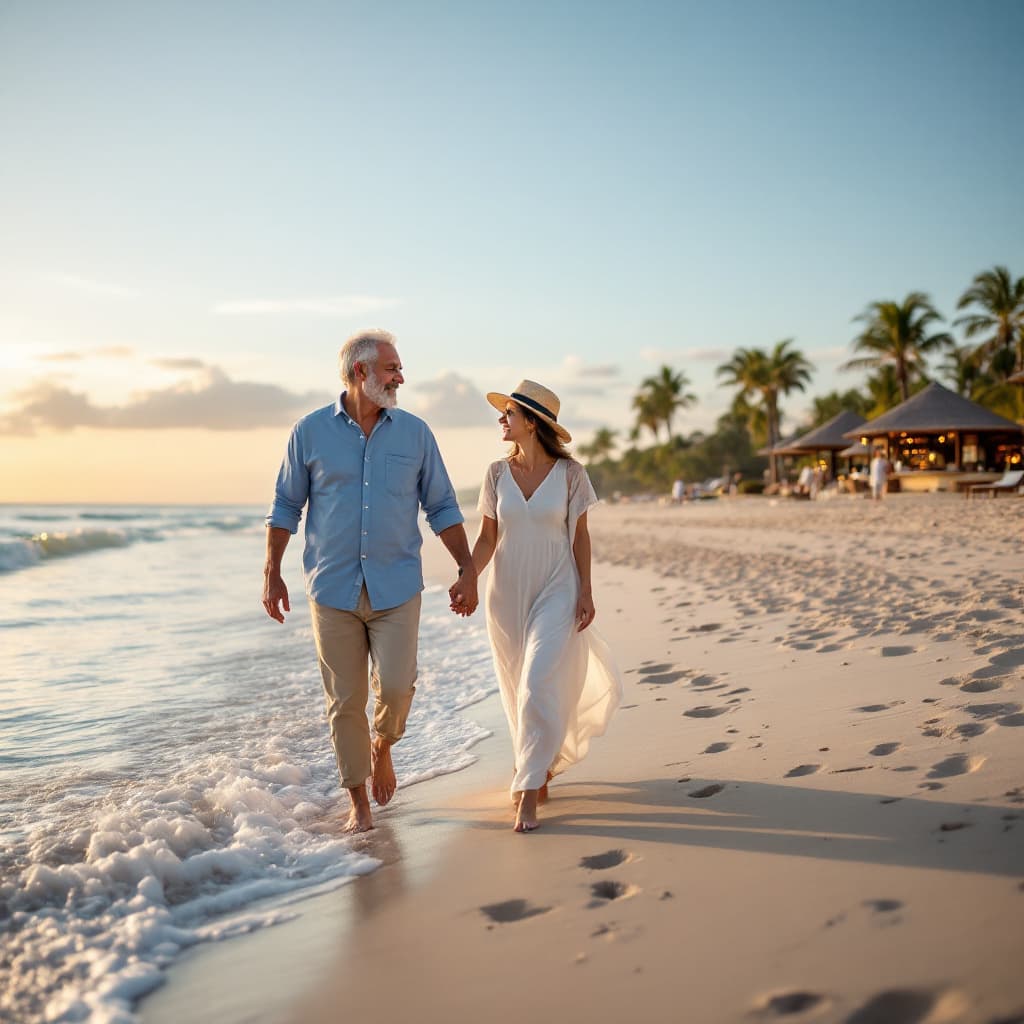 AI generated: A serene photo of an older indian couple in their late 50s walking hand-in-hand along a sandy beach ...