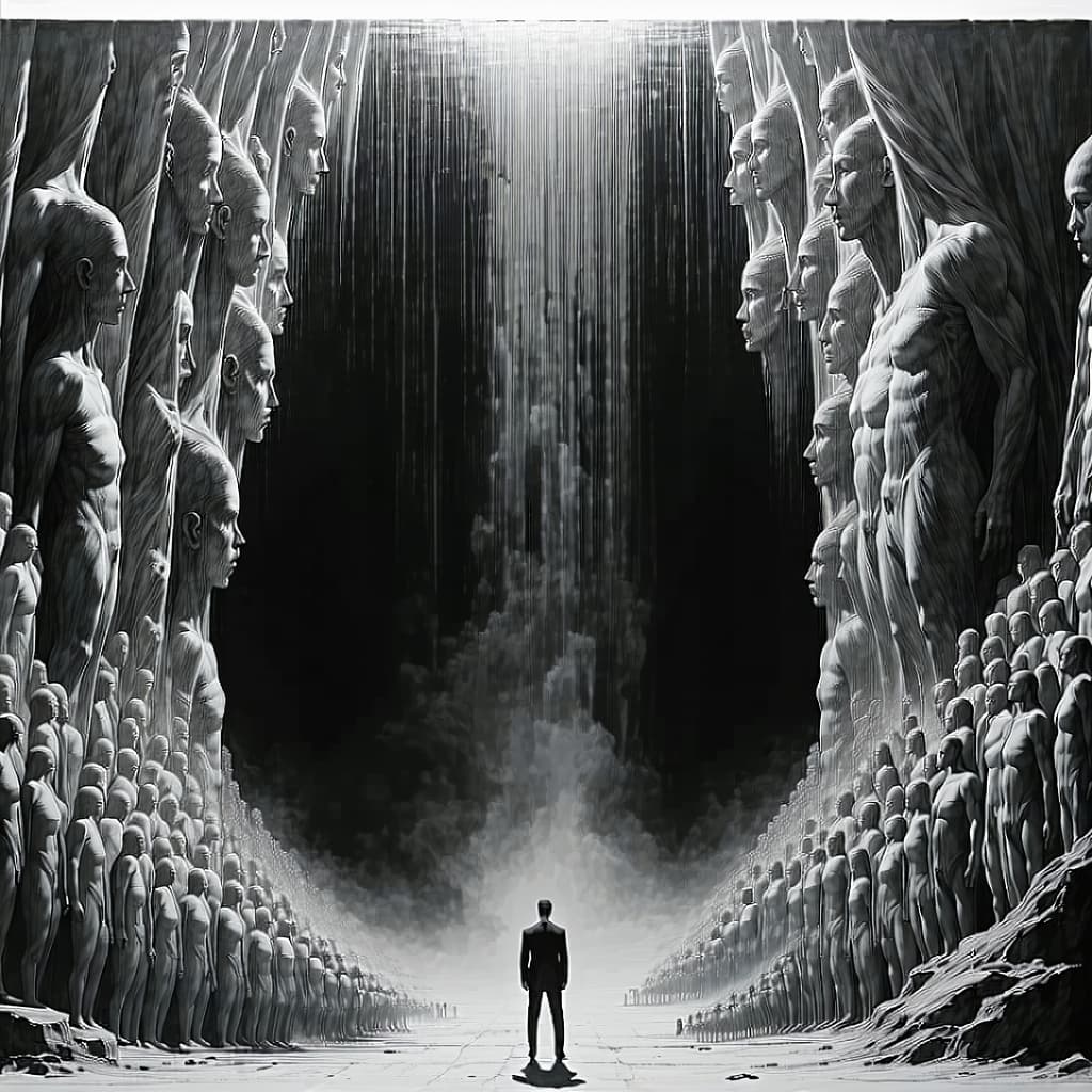 AI generated: surreal scene with a human figure at the bottom, reaching up towards a cascade of intertwined human ...