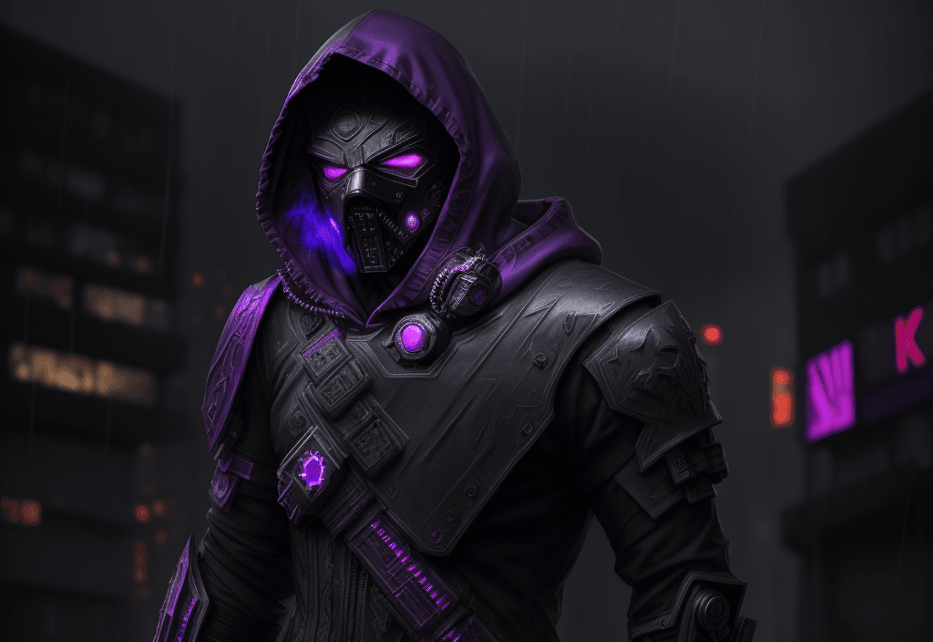 AI generated: cyberpunk, masked man, dark   torn hood, Purple accents, looking right, dark rainy foggy night, intr...
