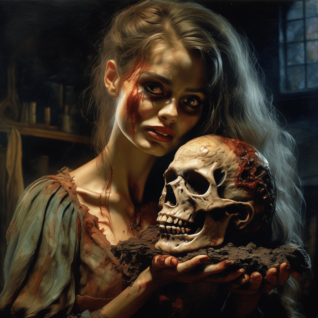 AI generated: Masterpiece, Best quality, a photograph of a beautiful hyperrealistic zombie girl, holding a rotting...
