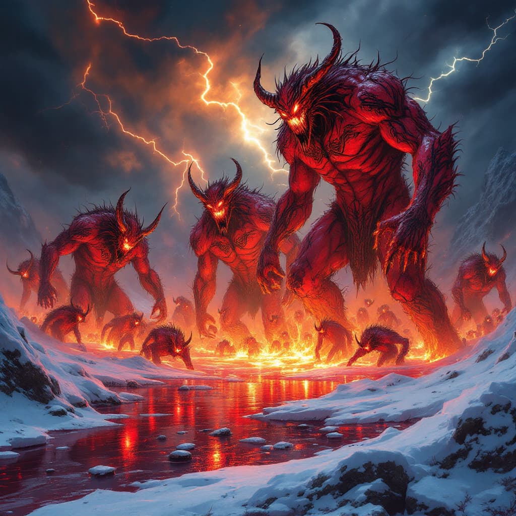 AI generated: A scene of intense fury and malevolent power: hundreds of giant red demons with menacing horns and i...