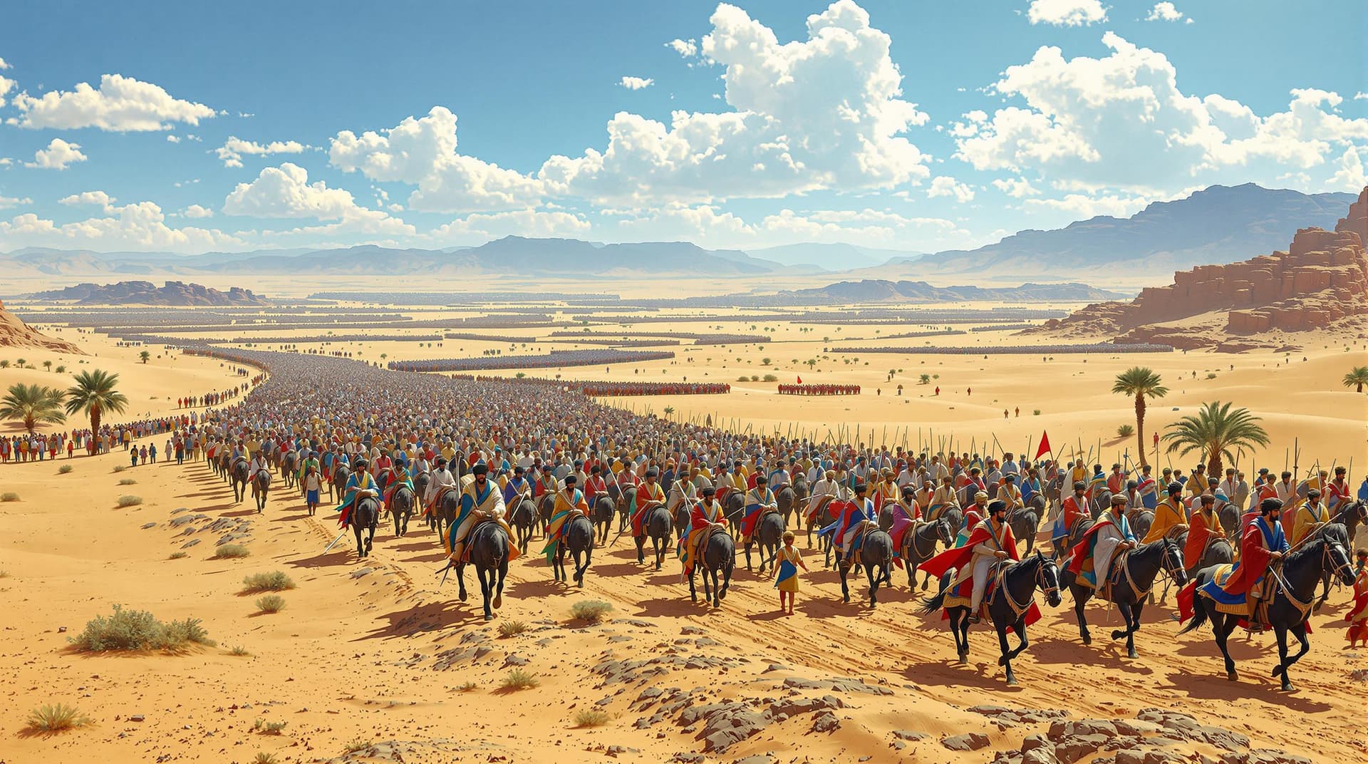 AI generated: A realistic, realistic, and authentic panoramic view from above: In the vast desert, a large Meccan ...