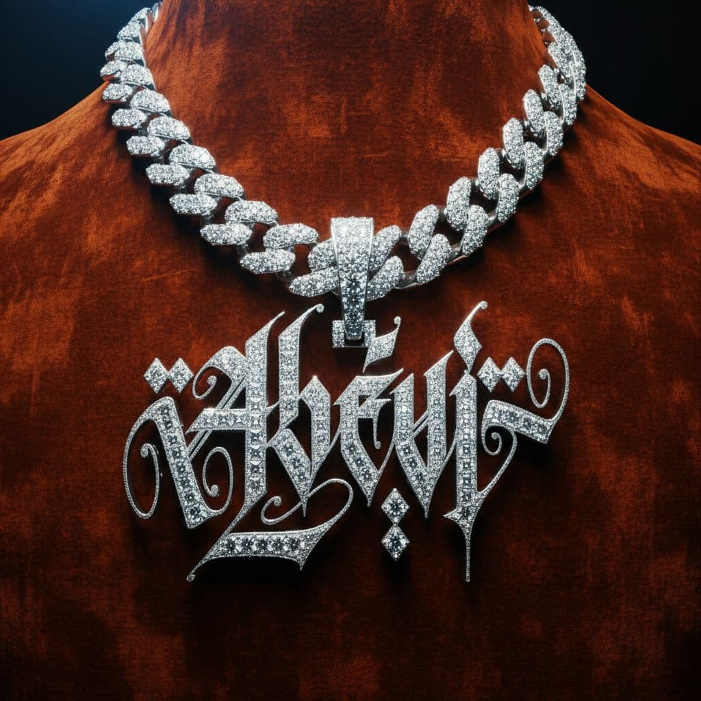 AI generated: CREATE A 3D PRESENTATION WITH BIG BLING BLING NECKLACE WITH THIS LOGO, ICED OUT, DARK ORANGE SAMT BA...