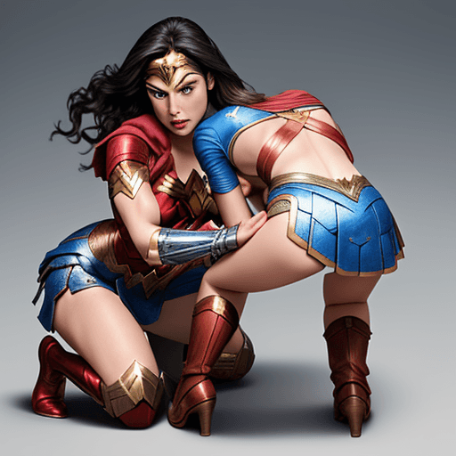 AI generated: Wonder woman and super girl bending down showing back skirt,  smooth ,high boots, mini skirt ,  full...
