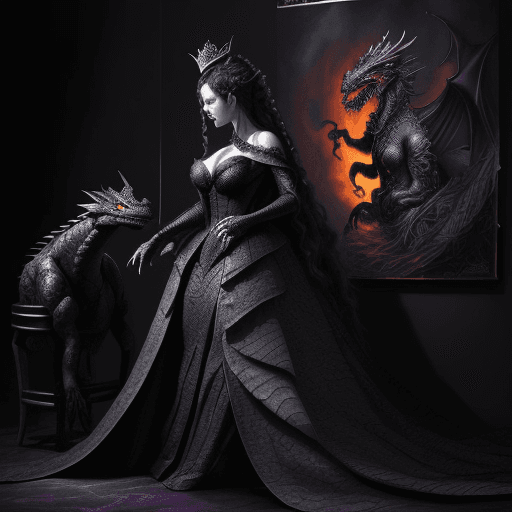 AI generated: Create a hyper-maximalist, cinematic painting depicting a dragon and its queen in a theme of shadows...