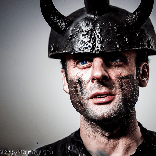 AI generated: Close-up of Emmanuel Macron emerging from wet black mud :: Dark metal helmet with two large black ho...