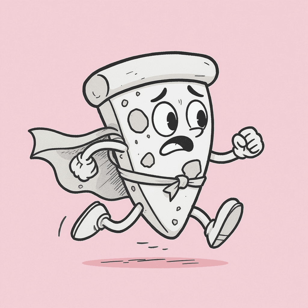 AI generated: A playful, minimalist cartoon illustration of a slice of pizza running heroically, wearing a superhe...