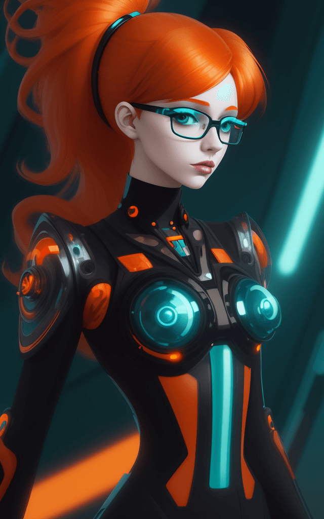 AI generated: a girl with orange hair dressed in glasses, in the style of futuristic digital art, flowerpunk, shin...