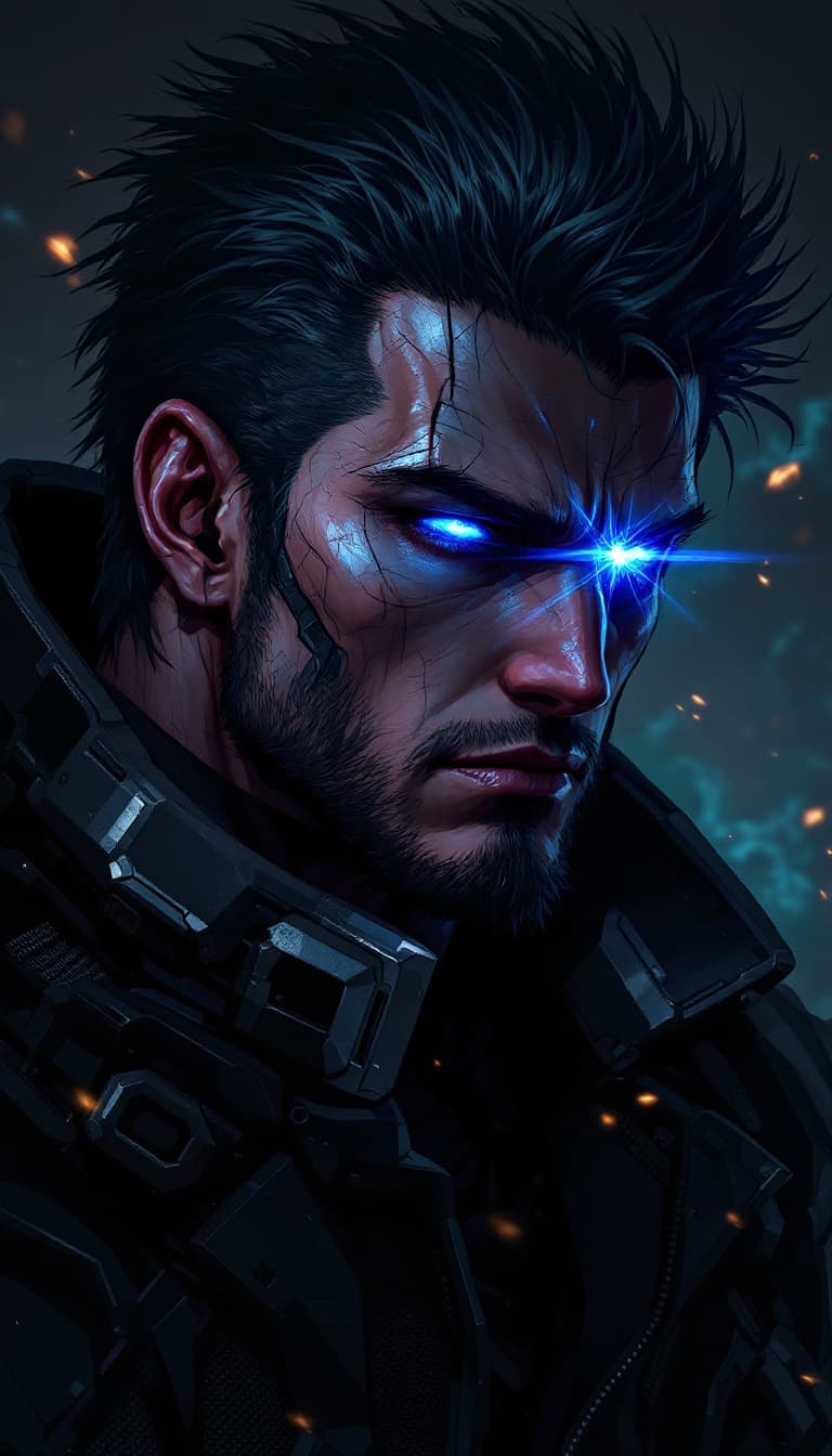 AI generated: male cyborg, dark background, Hyperrealism style, full growth, anime, blue fire in the eyes, Metal G...