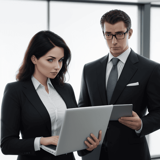 AI generated: Photo of a ultra realistic  businessman and a woman looking at their laptop, from which curves and s...