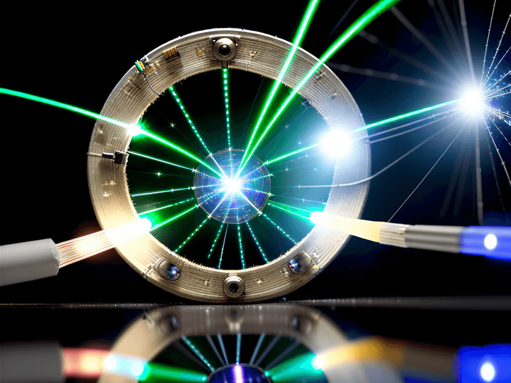AI generated: photorealism. fiber optic emitter. a beam comes out of the emitter. the beam is reflected from the m...