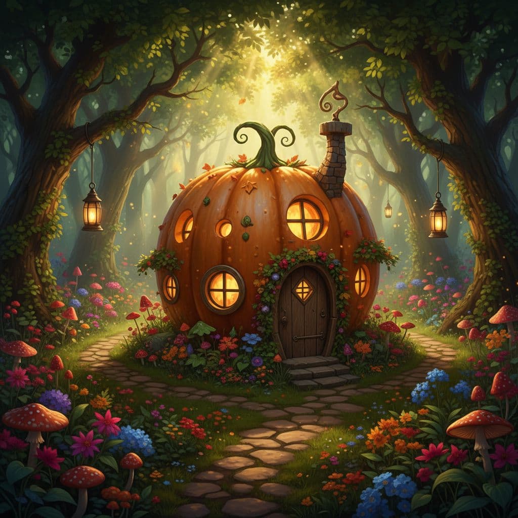AI generated: A whimsical pumpkin-shaped cottage sits perfectly centered in a lush, enchanted forest. The cottage ...