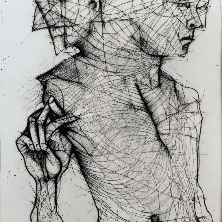 AI generated: drypoint engraving scribble illustration,  paranoid, annotated, messy, disorganized, man with Anatom...