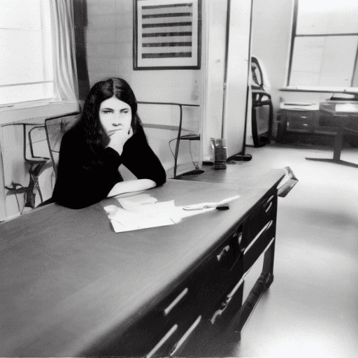 AI generated: beautiful 18 year old woman standing in principal's office. She has her elbows and hands placed gent...
