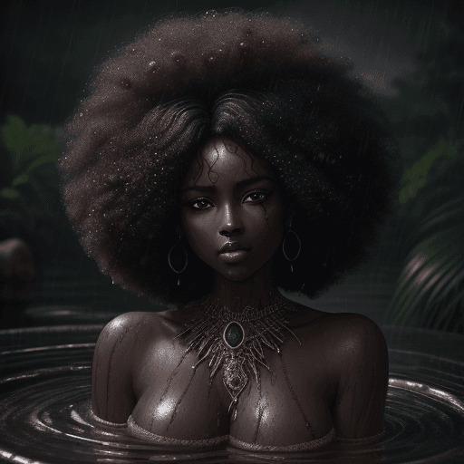 AI generated: An exquisite portrait of a woman with deep ebony skin and a realistic afro hair bathing in the pouri...