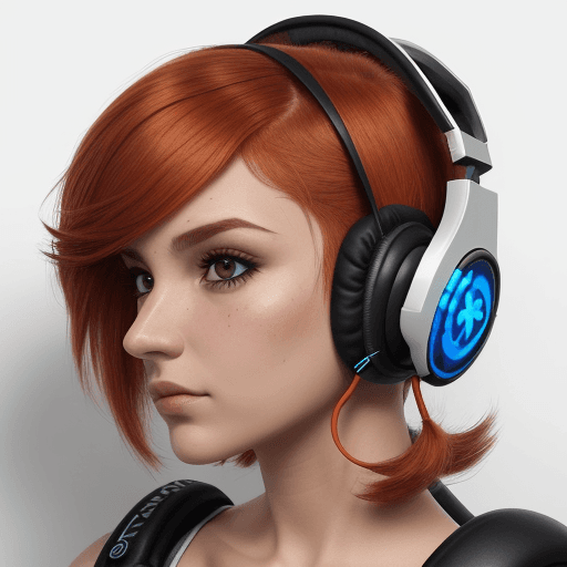 AI generated: chica viajera, artista, tierna, ruda , pelirroja cabello corto con la cara de frente, auriculares in...