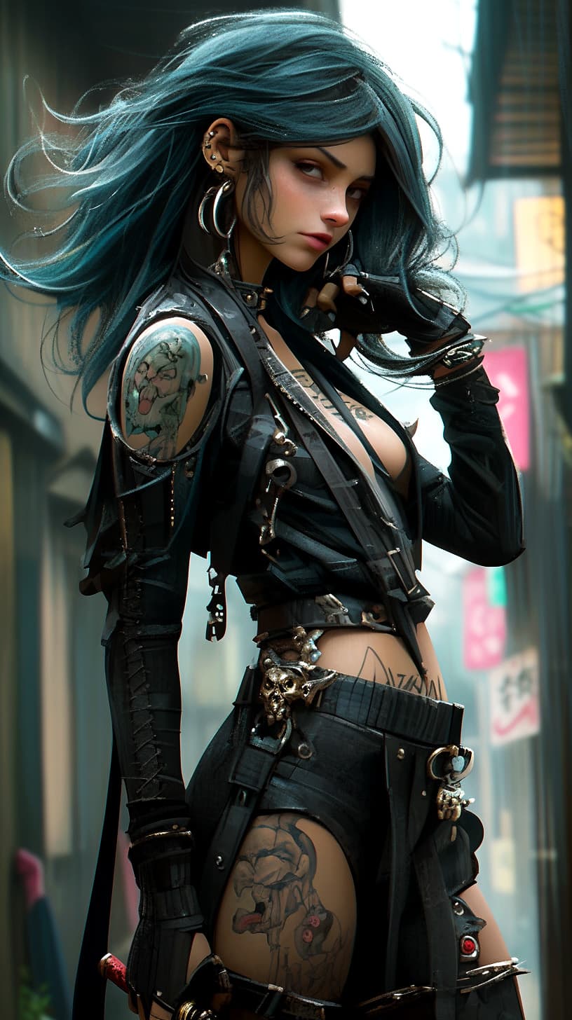 AI generated: Mortal Kombat Jade, unmasked, cyberpunk, outdoor, street, green, hyperrealism, photorealistic, 8k, u...