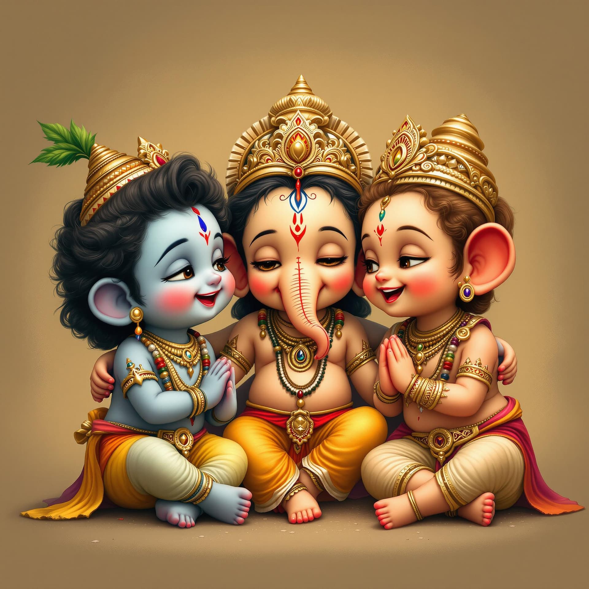 AI generated: Arafed image of a cute little Krishna, Ganesha and Siva sitting together talking and laughing