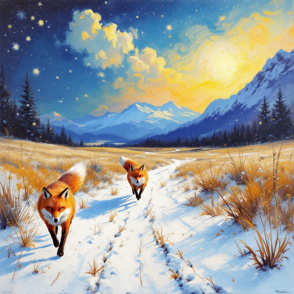AI generated: Create an image of a fox running through the field in a snowed landscape with a van gogh style
