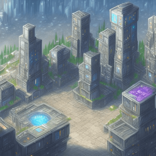 AI generated: A magically technological city downtown. Short buildings. Crystal quarry in the center. Fantasy art ...
