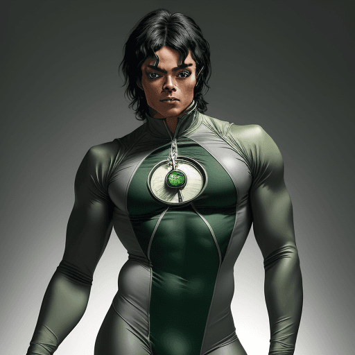 AI generated: MICHAEL JACKSON IN BROWN SKIN IN A Green/grey spandex Meteor Man costume, grey spandex body suit, lo...