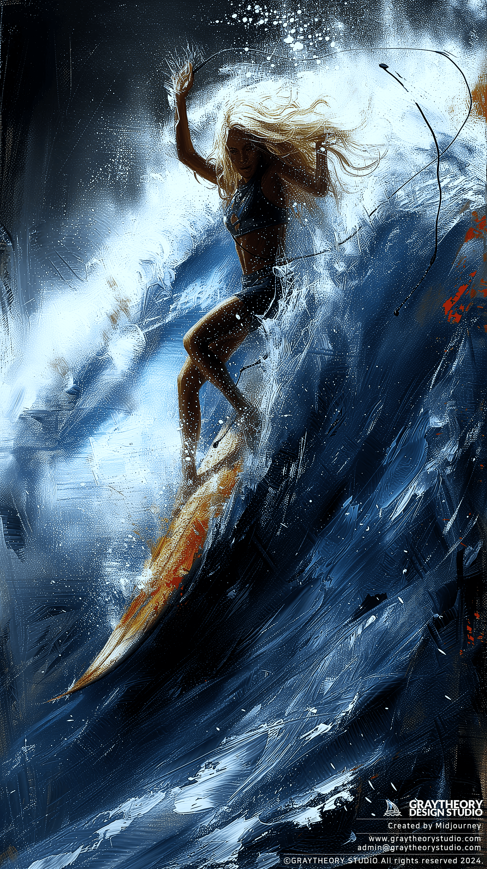AI generated: artistic, rough painting art, surfing woman with big wave, strong and rough brushed, fluttering wate...