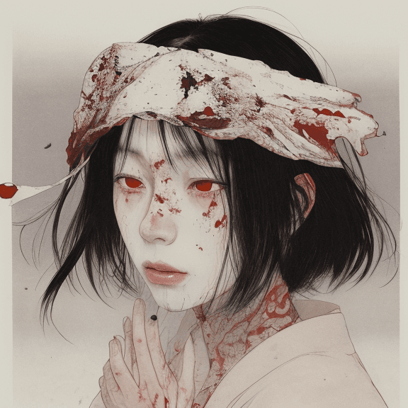 AI generated: a single Woman crying blood, artwork by Takato Yamamoto and Chika Yamada, minimalistic, face barely ...