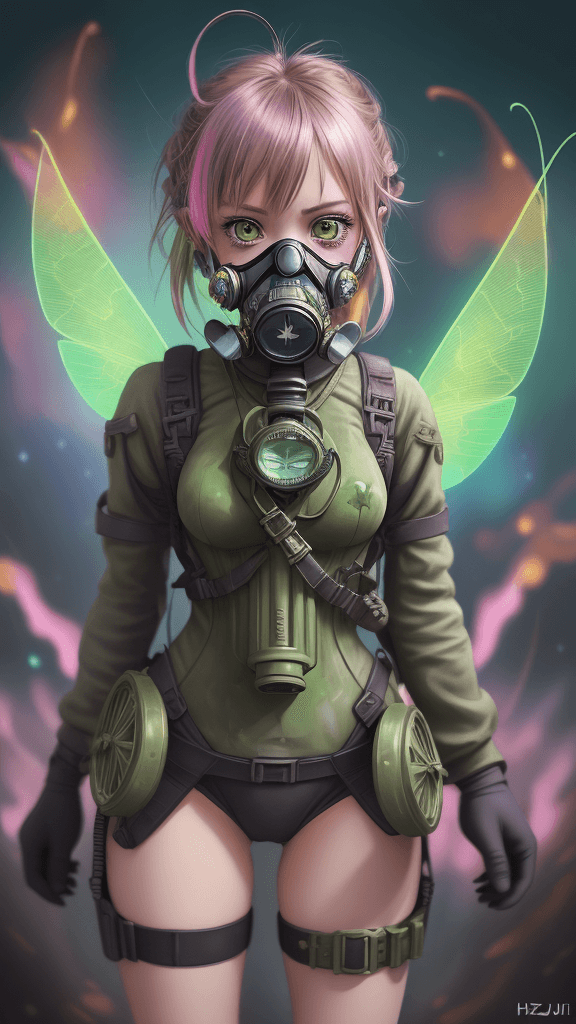 AI generated: complex background portrait of little 
tinkerbell woman. Wearing a gas mask. Prominent eyes, complex...
