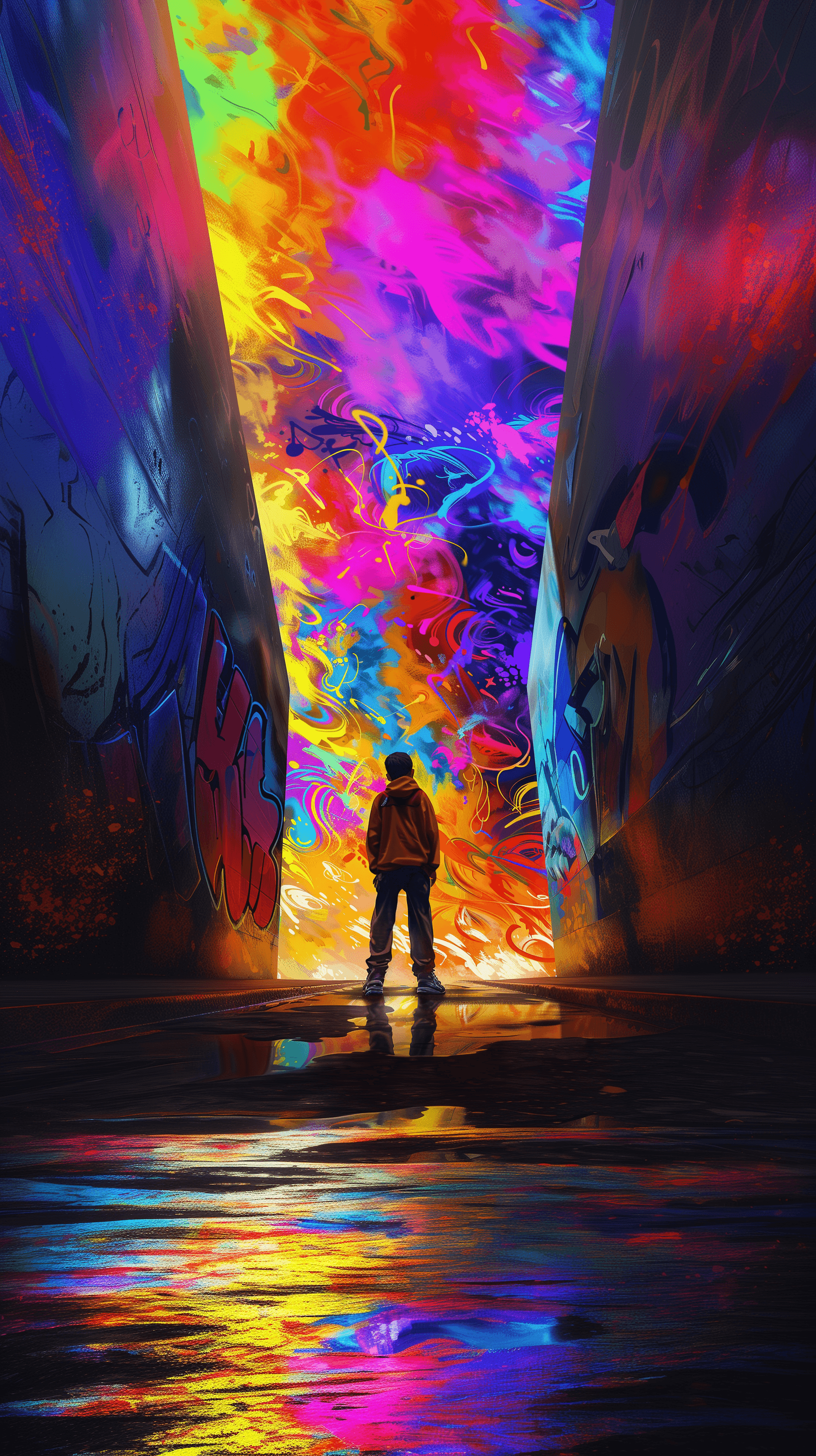 AI generated: digital illustration, street art, lone figure, seen from the back, vibrant, abstract graffiti under ...