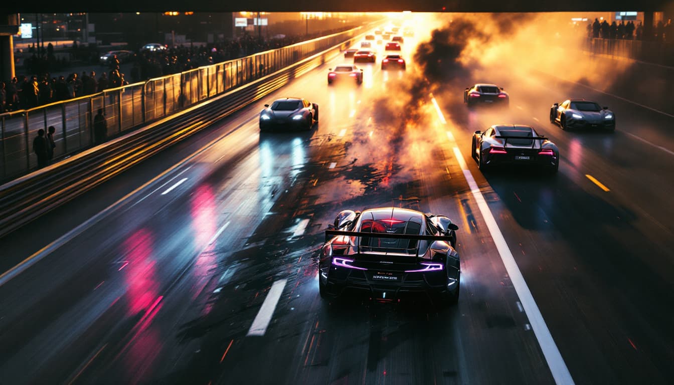 AI generated: The race track is well lit by sunlight.    Tensions are rising. EMERGENCY on the track!  There has b...