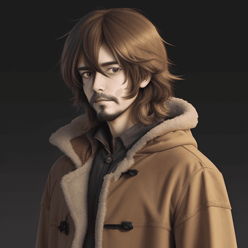 AI generated: shaggy shoulder length hair, brown coat, dead looking, fungus sprouting, man, anime