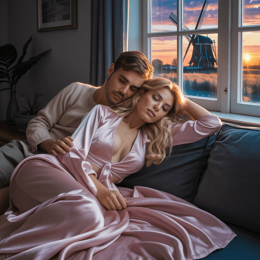 AI generated: A busty blonde bombshell in a silk pyama with an impressive plunge, lying on the couch under a warm ...