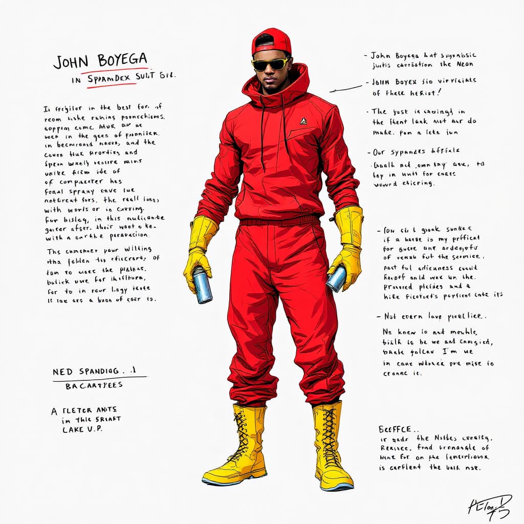 AI generated: Hyper real JOHN BOYEGA IN A RED SPANDEX SUIT, WITH YELLOW GLOVES AND BOOTS , SUNGLASSES AND RED BACK...