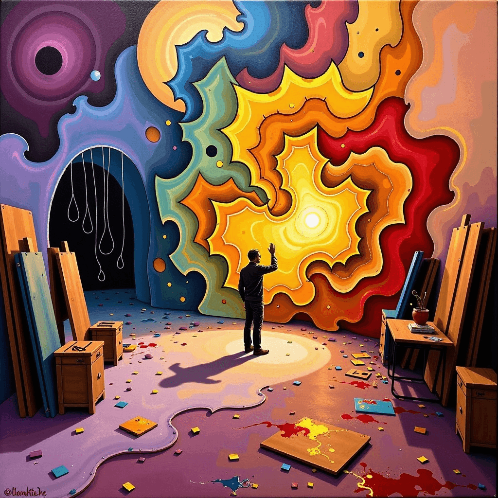 AI generated: A solitary artist in a vast, shifting studio made of pure thought-forms and light, painting with raw...