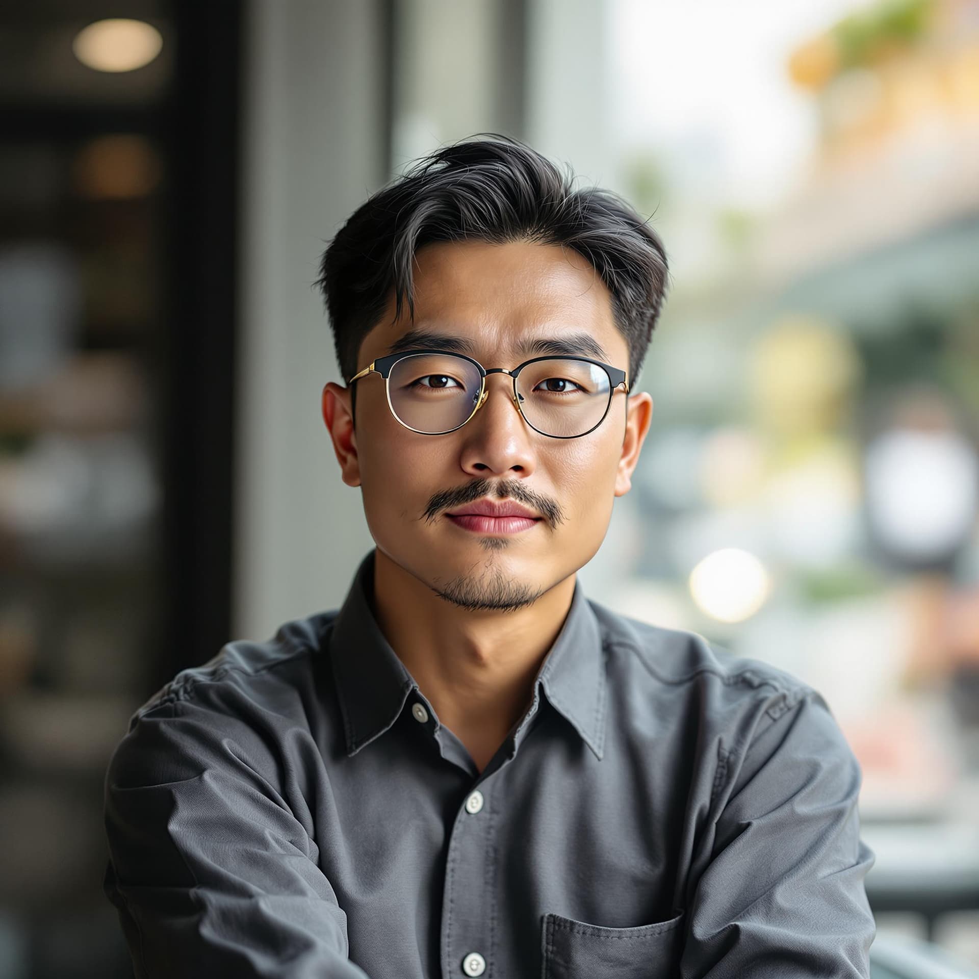 AI generated: realitic ultra photo of a handsome Asian man wearing prescription eyeglasess, smart looking, detaile...